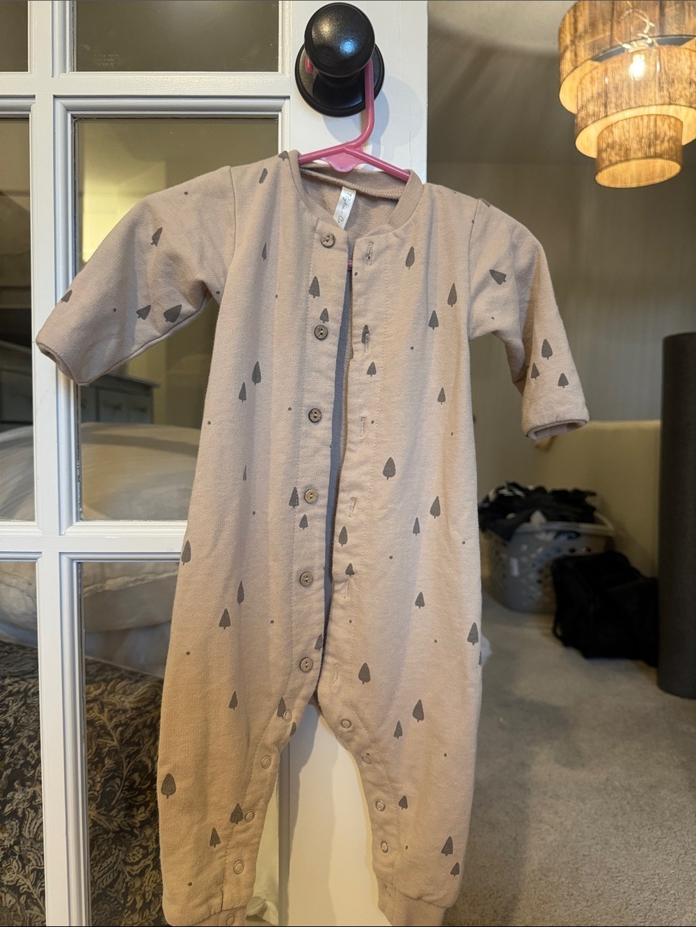 Rylee + Cru Beige Footie with Gray Tree Motif